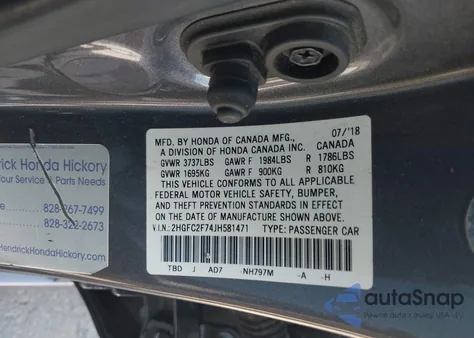 2018 Honda Civic Ex z USA, uszkodzony, nr VIN 2HGFC2F74JH581471